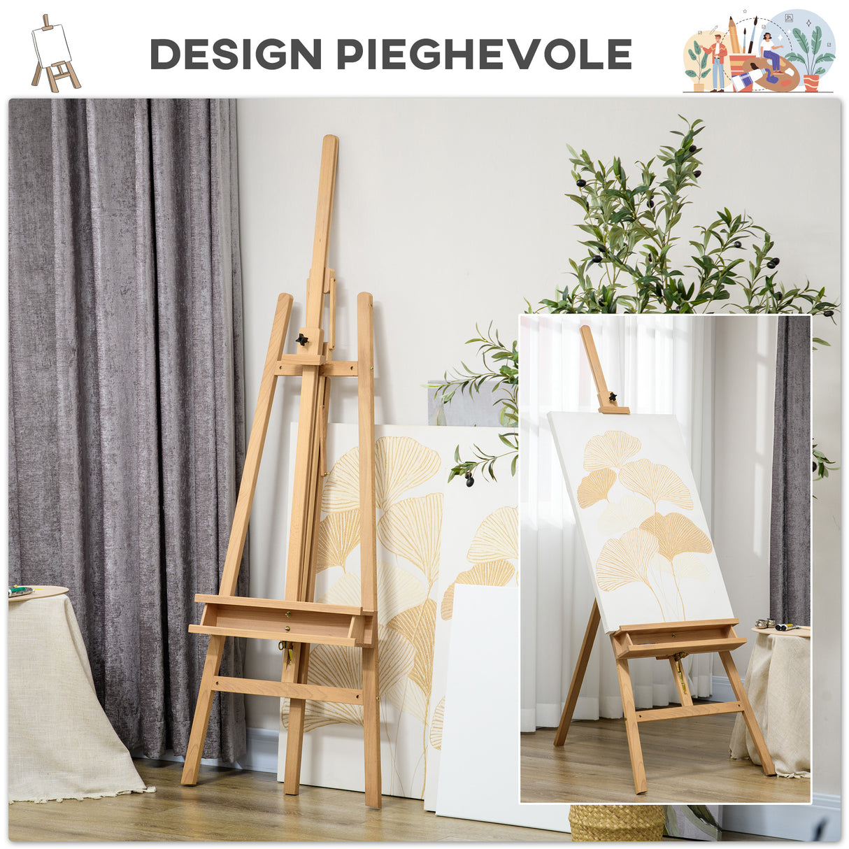 easycomfort easycomfort cavalletto per pittura pieghevole in faggio con altezza e angolazione regolabile 65x110x180 235 cm