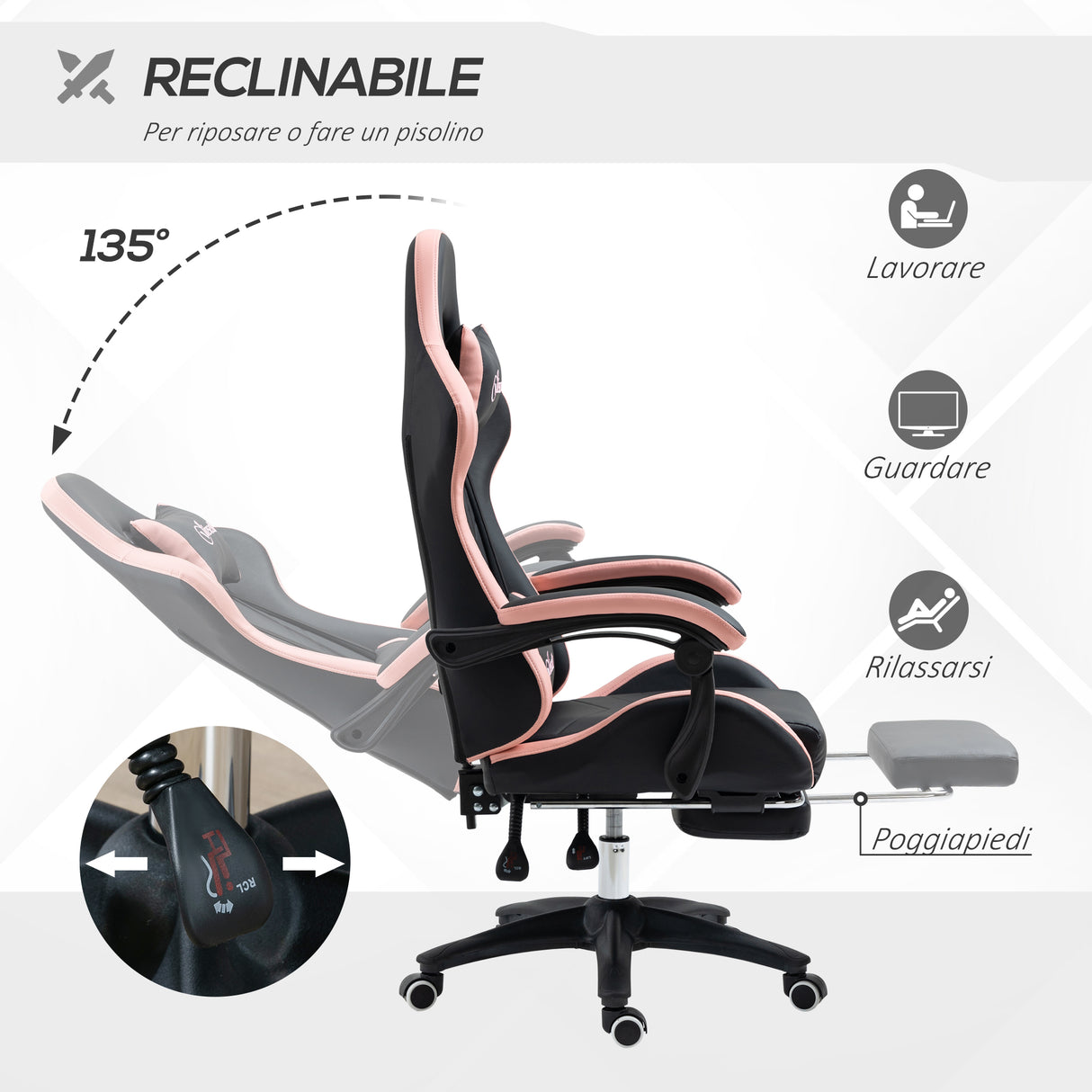 easycomfort easycomfort sedia da gaming rosa e nero con altezza regolabile e schienale reclinabile 65x65x121 129 cm