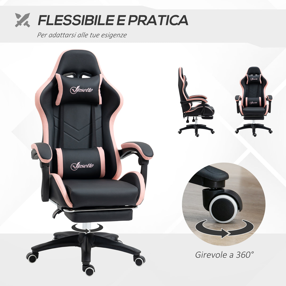 easycomfort easycomfort sedia da gaming rosa e nero con altezza regolabile e schienale reclinabile 65x65x121 129 cm
