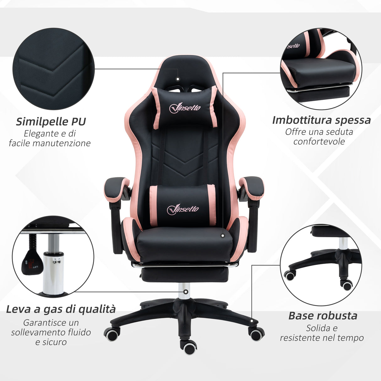 easycomfort easycomfort sedia da gaming rosa e nero con altezza regolabile e schienale reclinabile 65x65x121 129 cm