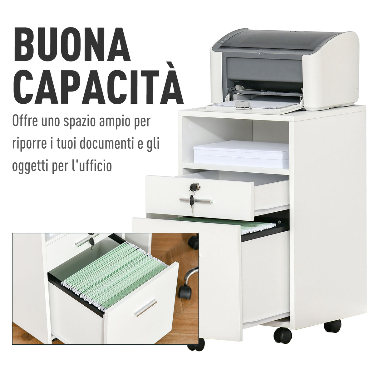 easycomfort easycomfort cassettiera da ufficio per scrivania portadocumenti e porta stampante 2 chiavi bianco