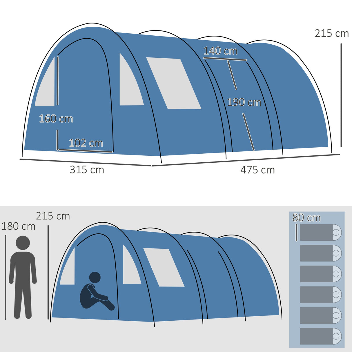 easycomfort easycomfort tenda da campeggio per 5 6 persone con 2 porte finestre e tasche portaoggetti 475x315x215 cm blu