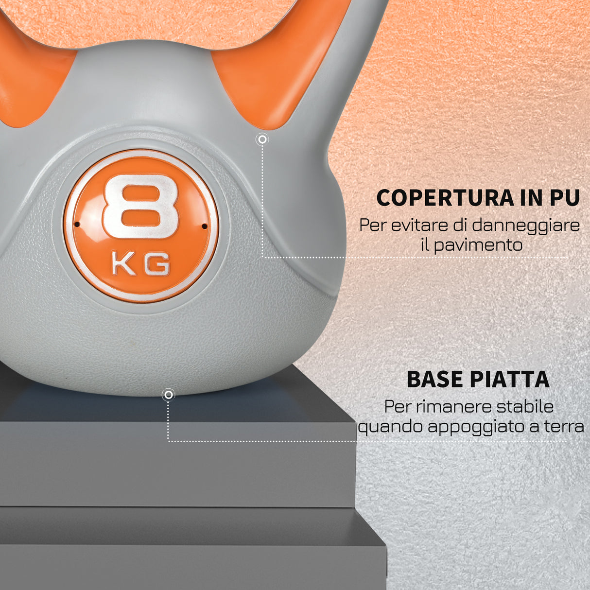 easycomfort easycomfort kettlebell 8kg in pu e sabbia con base piatta e impugnatura per stacchi squat e sollevamenti 20x14x24 cm arancione