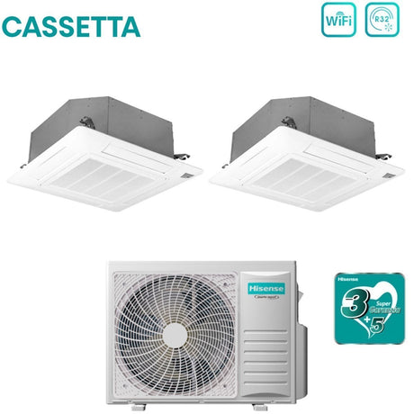 Climatizzatore Condizionatore Hisense Dual Split Inverter a Cassetta 9+12 con 2AMW52U4RXC R-32 Wi-Fi Optional 9000+12000 con Telecomando e Pannello Incluso