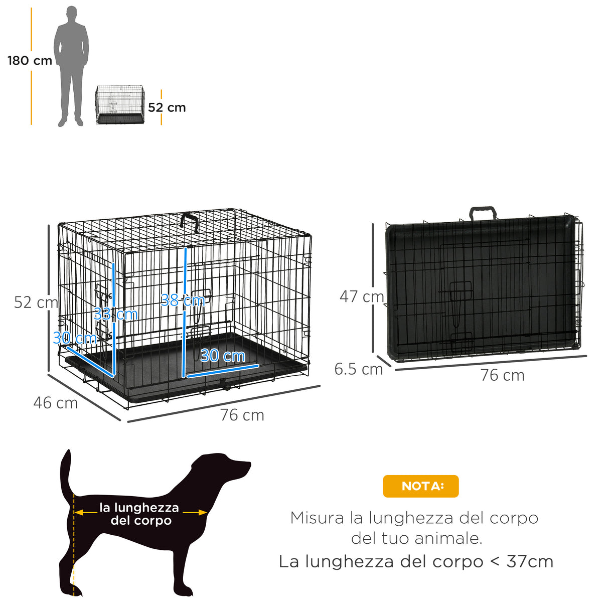 easycomfort easycomfort gabbia trasportino per cani gatti pieghevole in acciaio doppia apertura 76x53x57cm nero ean 8054111843140