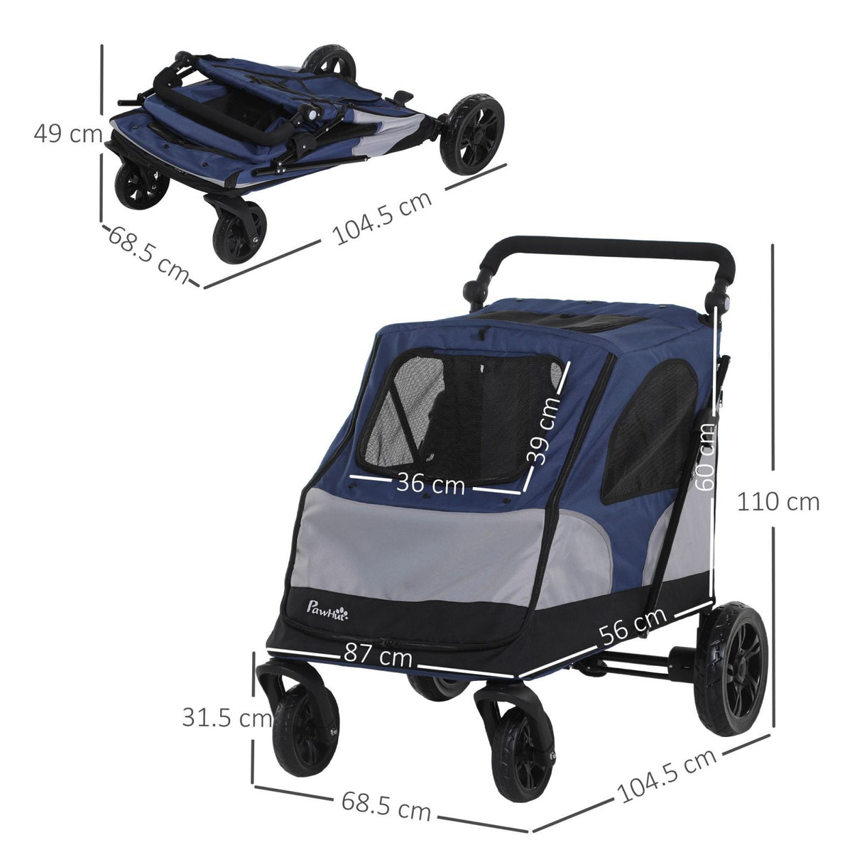 easycomfort easycomfort passeggino per cani fino a 30kg pieghevole con manubrio regolabile grigio e blu