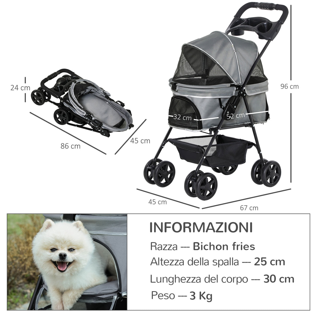 easycomfort easycomfort passeggino per cani piccoli pieghevole con guinzaglio di sicurezza e cestino portaoggetti grigio