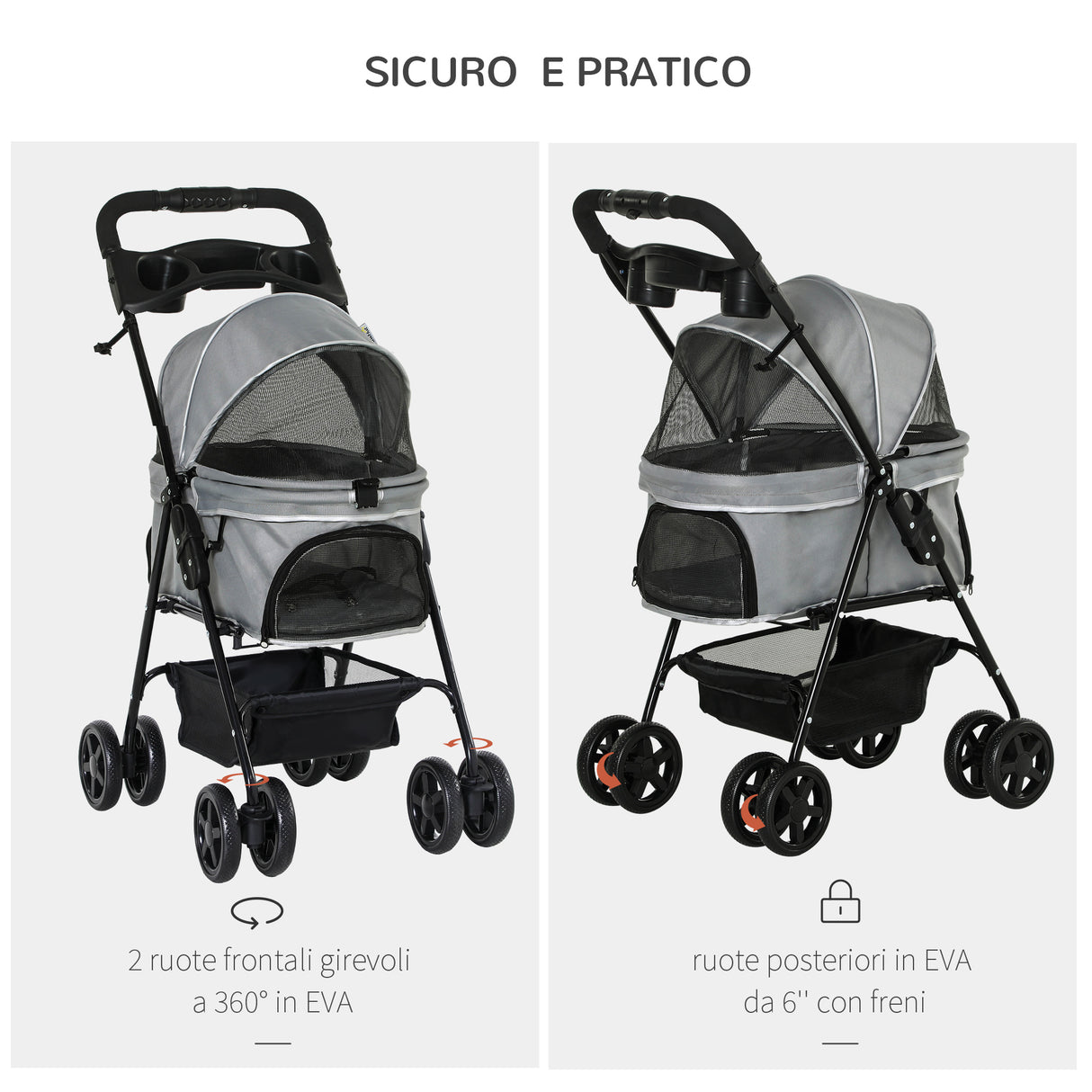 easycomfort easycomfort passeggino per cani piccoli pieghevole con guinzaglio di sicurezza e cestino portaoggetti grigio