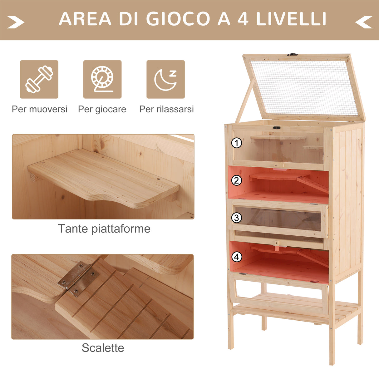 easycomfort easycomfort gabbia per roditori e criceti a 4 ripiani con tetto apribile in legno 60x40x120cm ean 8055776910239
