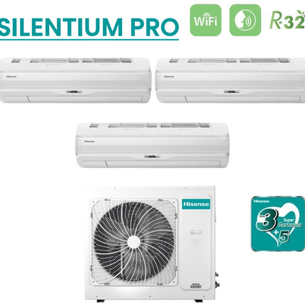 Climatizzatore Condizionatore Hisense Trial Split Inverter serie SILENTIUM PRO 9+9+9 con 3AMW52U4RJA R-32 Wi-Fi Integrato 9000+9000+9000