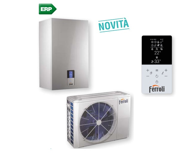 ferroli pompa di calore ibrida ariaacqua ferroli omnia s hybrid c 10 kw per installazione splittata con produzione sanitaria istantanea comando incluso a bordo macchina