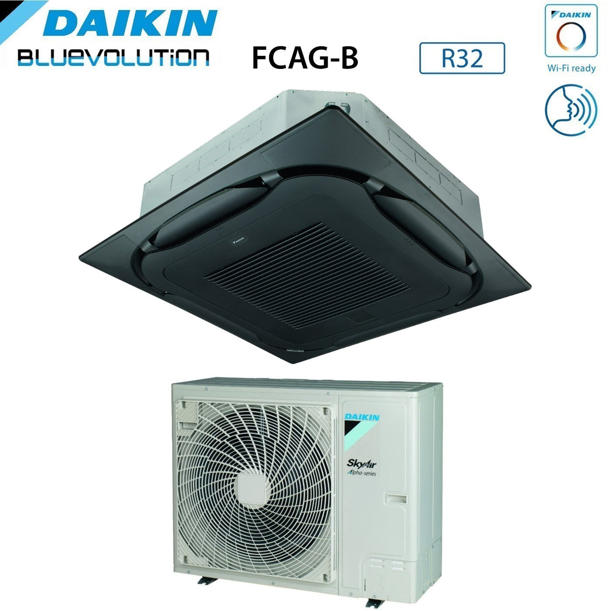 daikin climatizzatore condizionatore daikin bluevolution inverter a cassetta round flow skyair alpha series 36000 btu fcag100b rzag100ny1 trifase r 32 wi fi optional con griglia nera