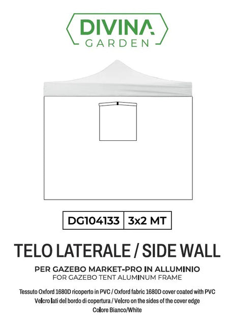 divina garden telo laterale per gazebo market pro 3x2 con finestra avvolgibile richiudibile bianco ean 8056157808886