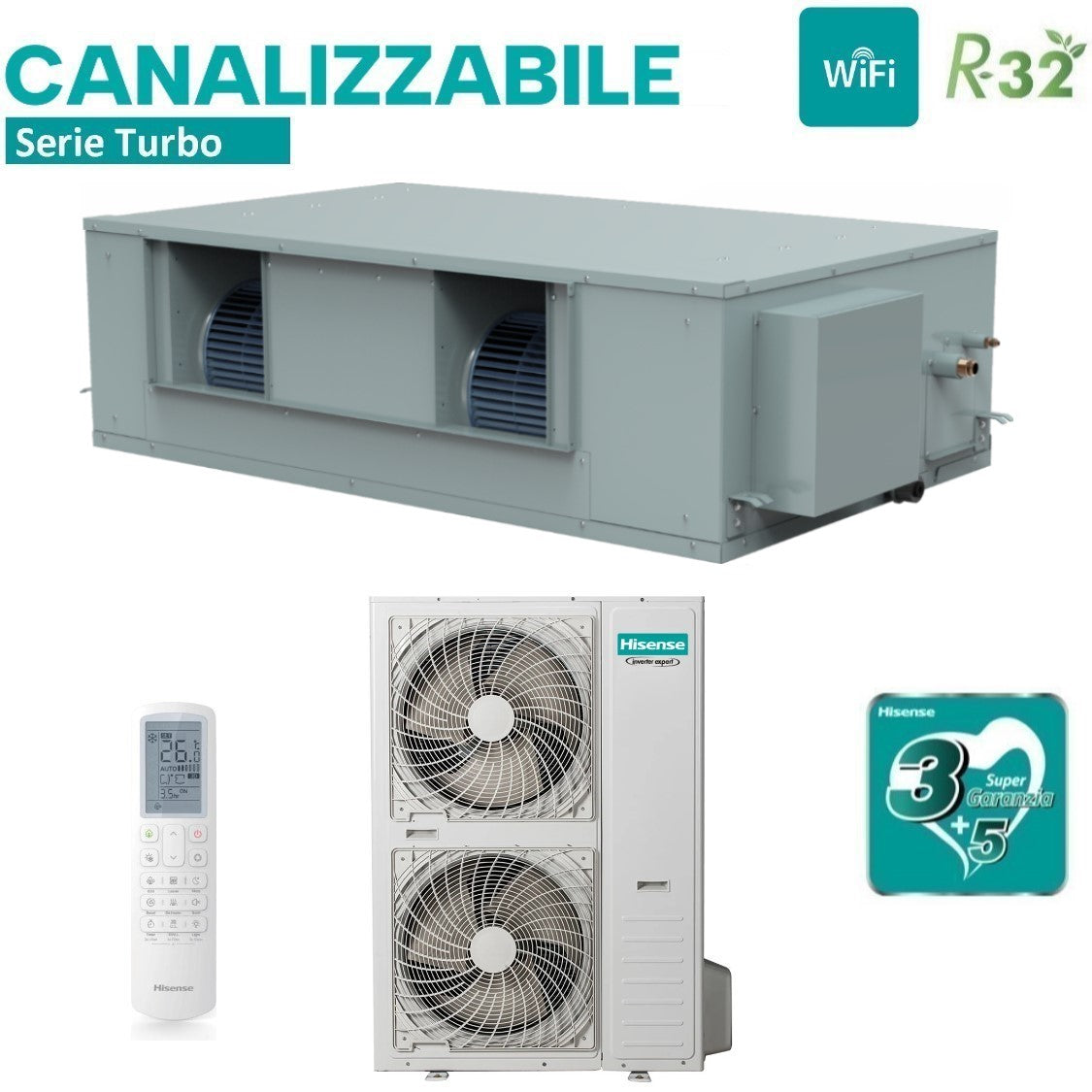 hisense climatizzatore condizionatore hisense canalizzato canalizzabile hsp inverter 85000 btu aud250ux4rph8 trifase r 32 wi fi optional con comando a filo e telecomando di serie