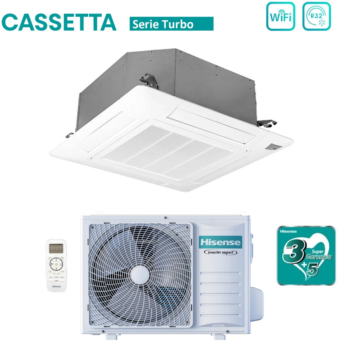 hisense climatizzatore condizionatore hisense inverter a cassetta serie turbo 9000 btu act26ur4rcc8 auw26u4rs8 r 32 wi fi optional classe aa con telecomando e pannello incluso