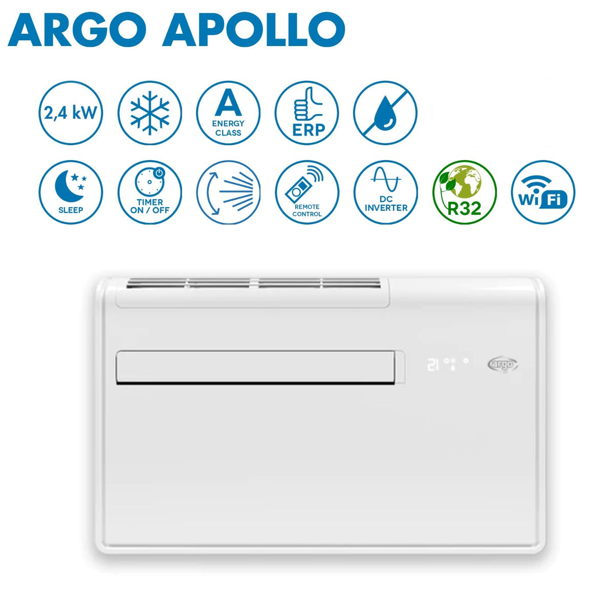 argo climatizzatore condizionatore senza unita esterna argo inverter apollo 10sc solo freddo da 204 kw r 32 wi fi integrato classe a ean 8013557619795
