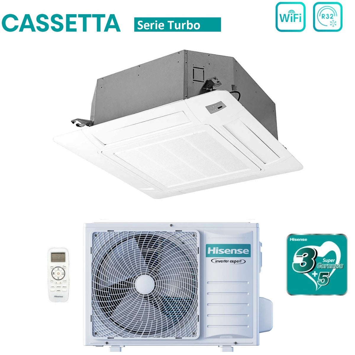 hisense climatizzatore condizionatore hisense inverter a cassetta serie turbo 12000 btu act35ur4rcc8 auw35u4rs8 r 32 wi fi optional classe aa con telecomando e pannello incluso