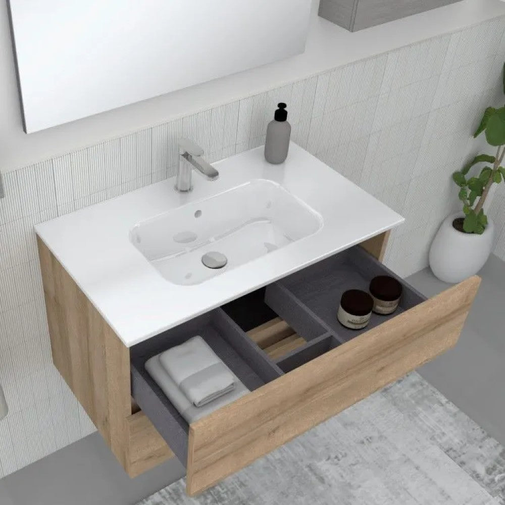 legnox consolle bagno legnox crea 80 cm rovere con 2 cassetti lavabo specchio e lampada
