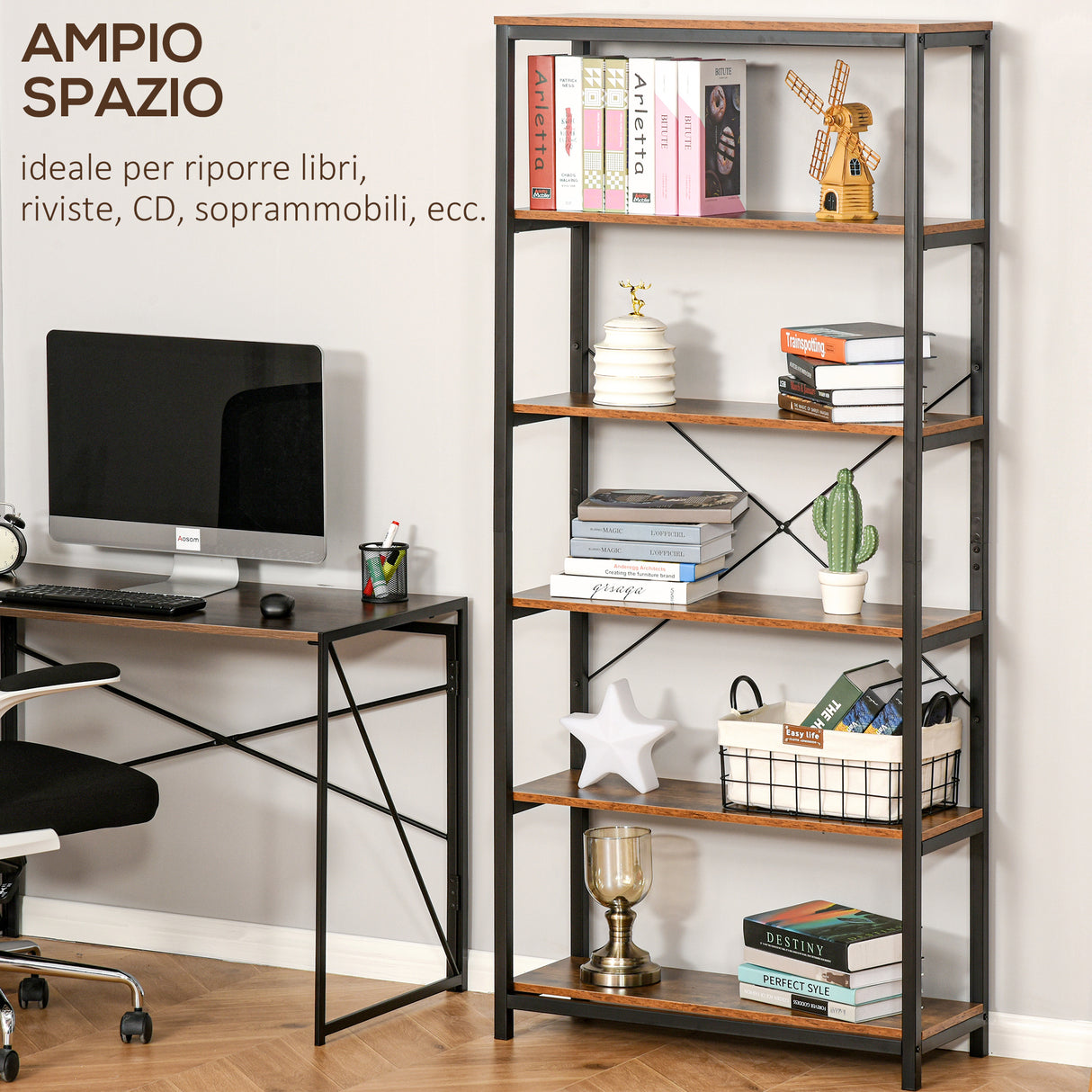 easycomfort easycomfort libreria in stile industriale vintage con 6 mensole in legno e metallo nero ean 8054144131009