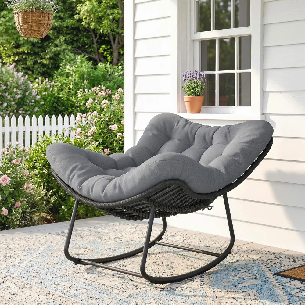 easycomfort easycomfort sedia a dondolo stile boho in rattan e metallo con cuscino morbido grigio scuro