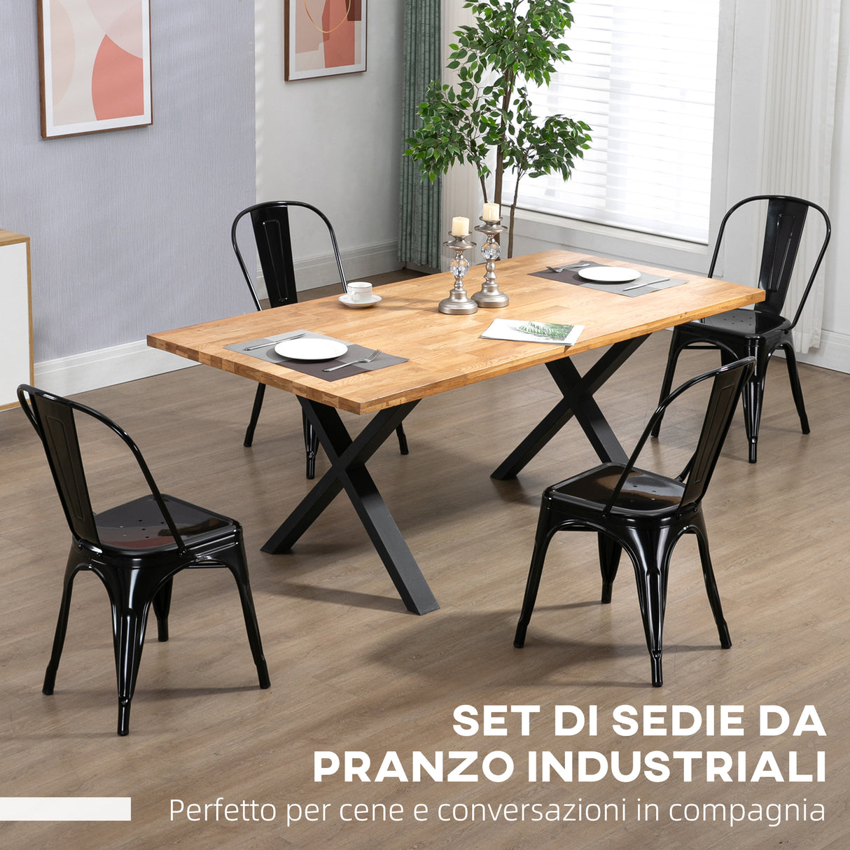 easycomfort easycomfort set da 4 sedie da cucina impilabili stile industriale in acciaio 45x53x85cm nero