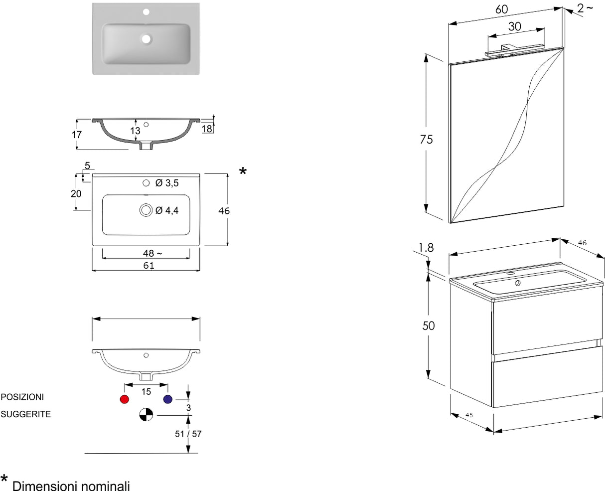 legnox consolle bagno legnox crea 60 cm rovere 2 cassetti lavabo specchio e lampada