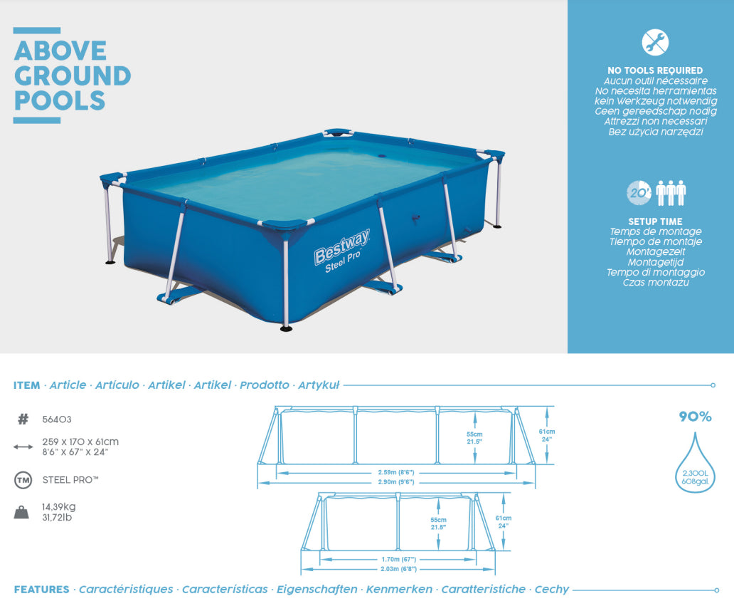 piscina fuori terra bestway 56403 steel pro telaio 259x170x61h 2300 litri