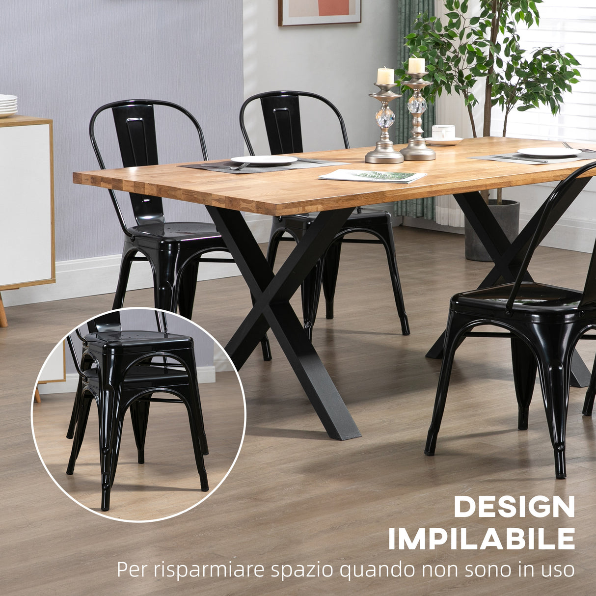easycomfort easycomfort set da 4 sedie da cucina impilabili stile industriale in acciaio 45x53x85cm nero