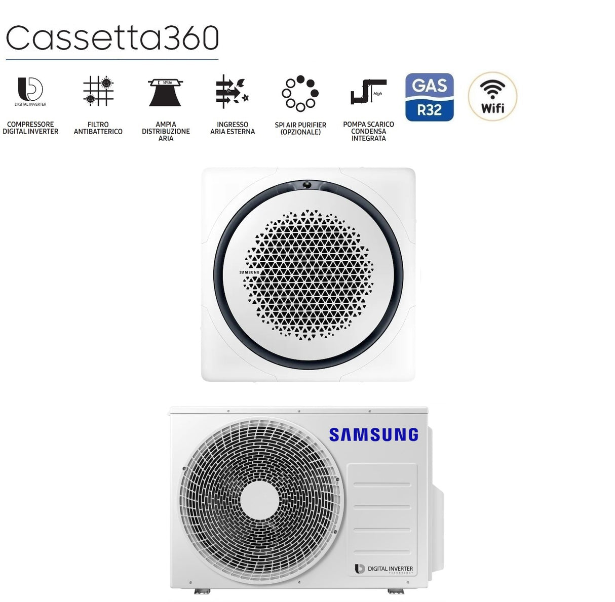 samsung climatizzatore condizionatore samsung inverter cassetta 360 24000 btu ac071rn4pkgeu r 32 wi fi optional classe aa con comando wireless incluso vari pannelli disponibili pannello circolare bianco pc4nunman