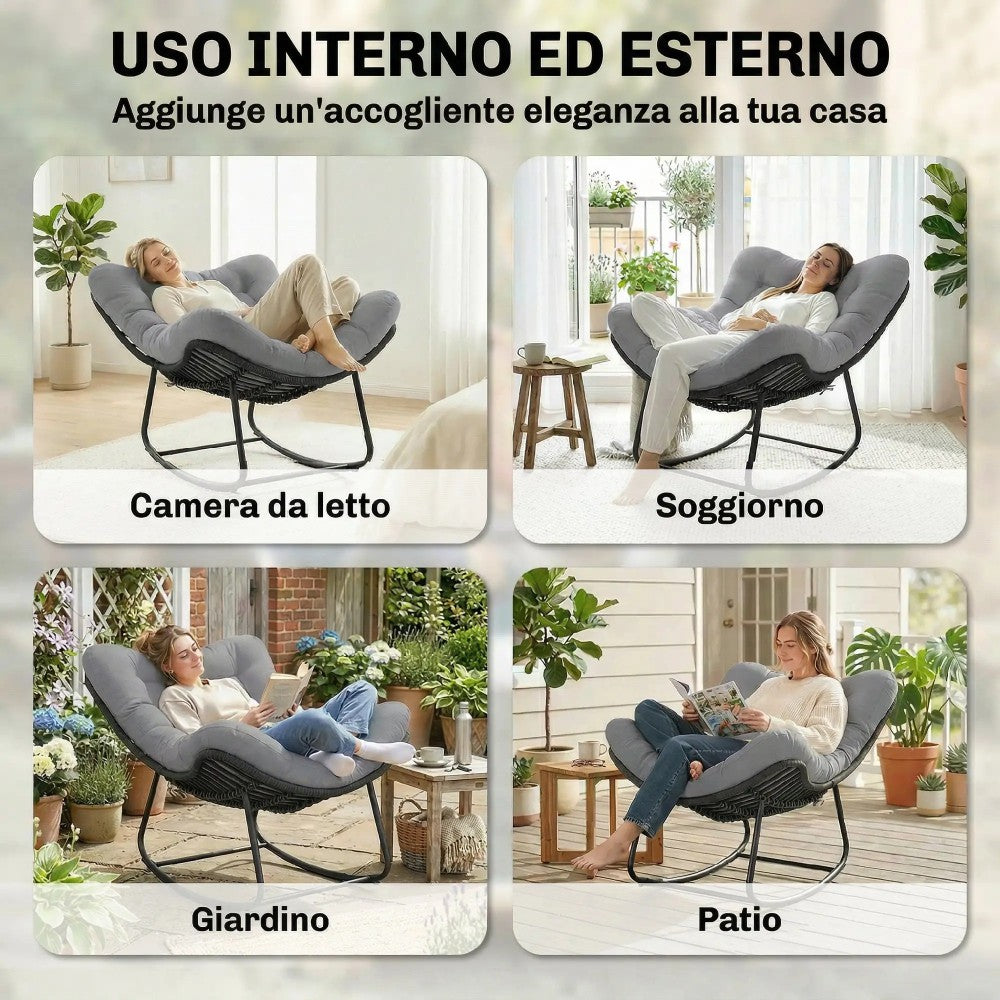 easycomfort easycomfort sedia a dondolo stile boho in rattan e metallo con cuscino morbido grigio scuro