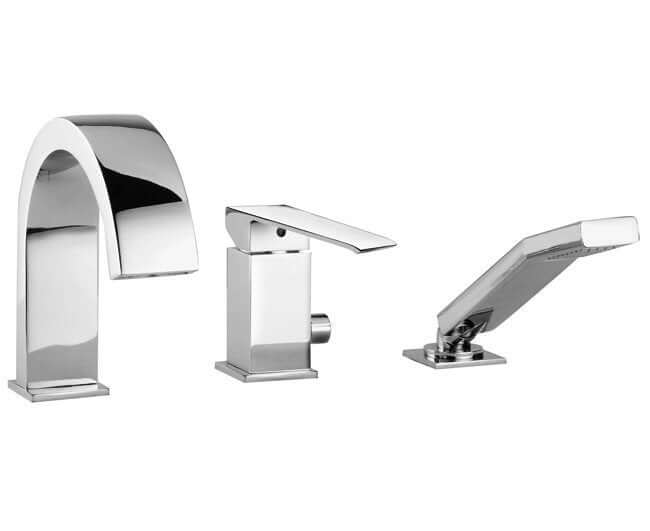 rubinetteria paffoni batteria con miscelatore paffoni serie paffoni per bordo vasca con doccia estraibile codice les040 finitura cromata con bocca a cascata 3 fori ean 8020913050291