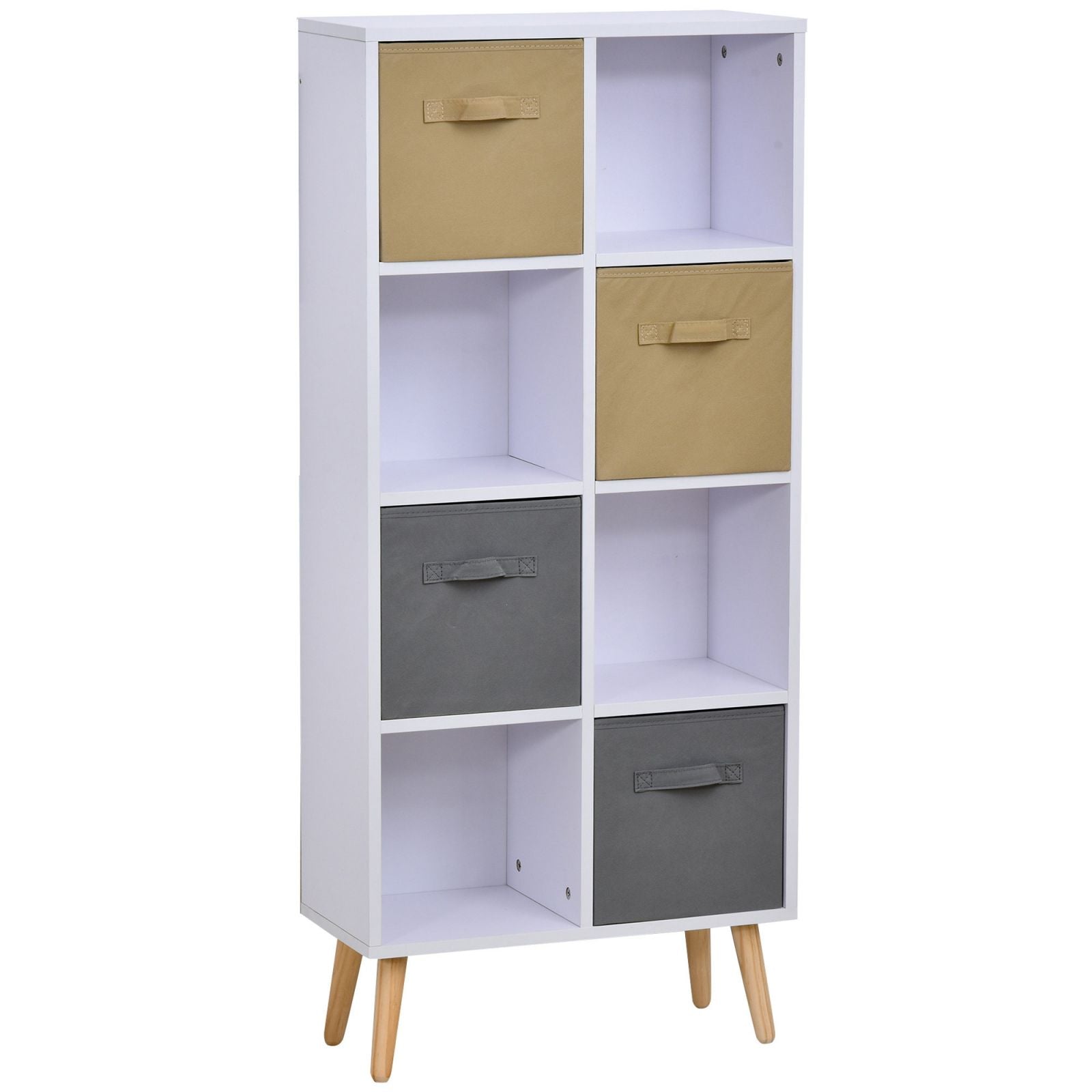 EASYCOMFORT Armadietto Libreria in Legno Bianco 8 Ripiani e 4 Cassetti  Pieghevoli in Tessuto Grigio e Marrone