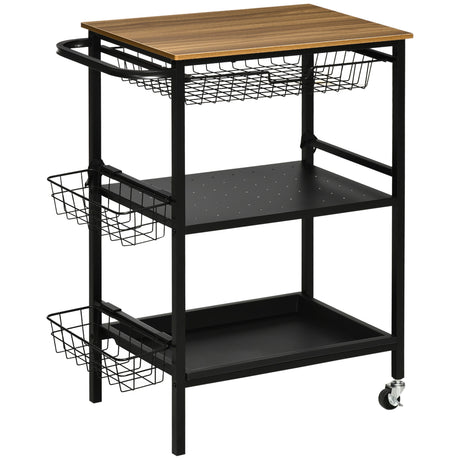 easycomfort easycomfort carrello da cucina a 3 livelli con 2 ruote cesto estraibile e vassoio 75x43 5x91 cm color legno e nero