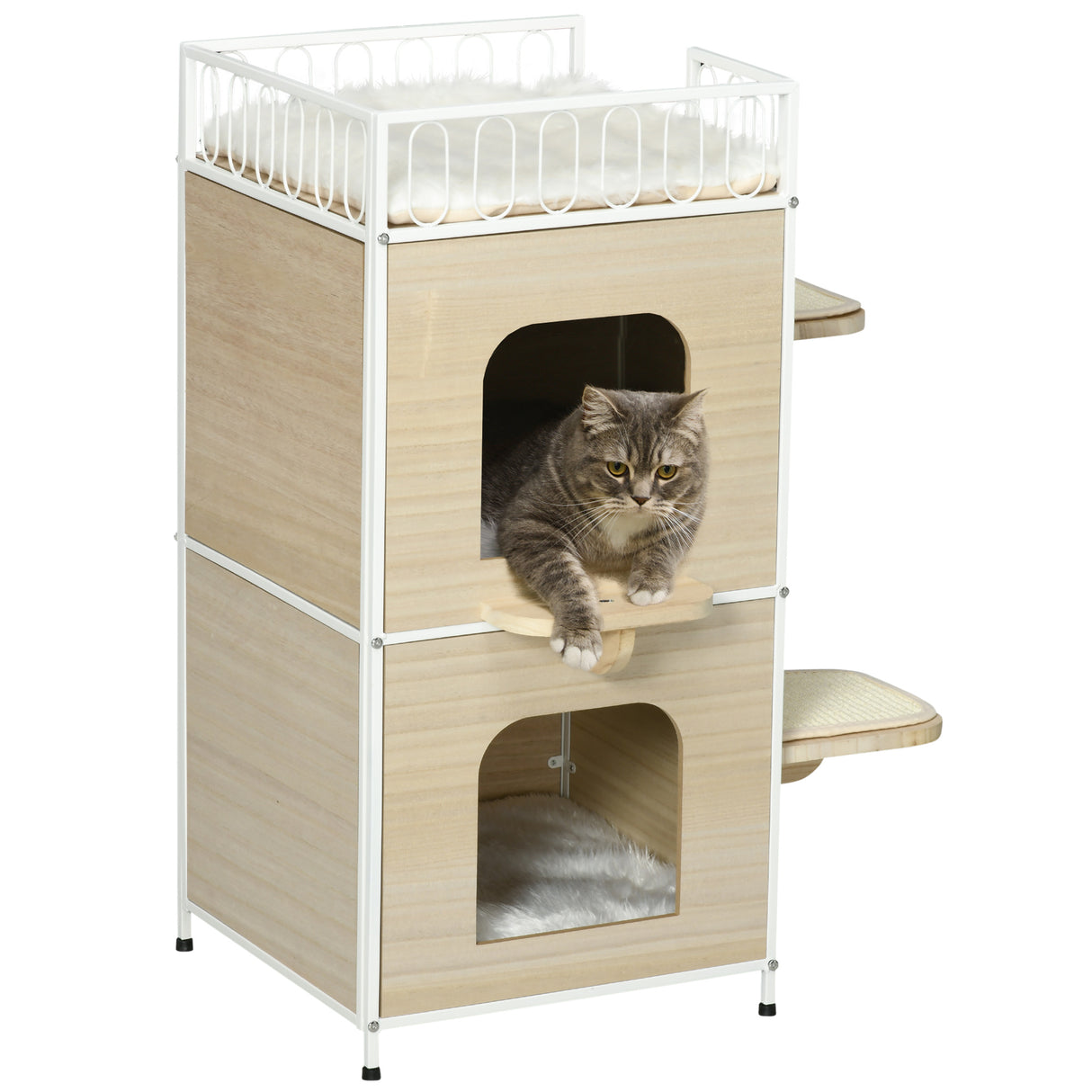 easycomfort easycomfort casetta per gatti a 3 piani con tiragraffi e superficie recintata 40x40x84 cm color legno e bianco