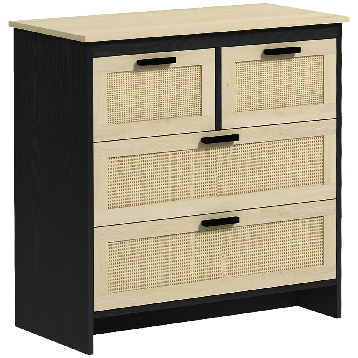 easycomfort easycomfort cassettiera 4 cassetti in truciolato e rattan per soggiorno e camera da letto 80x38x80 cm nero e color legno