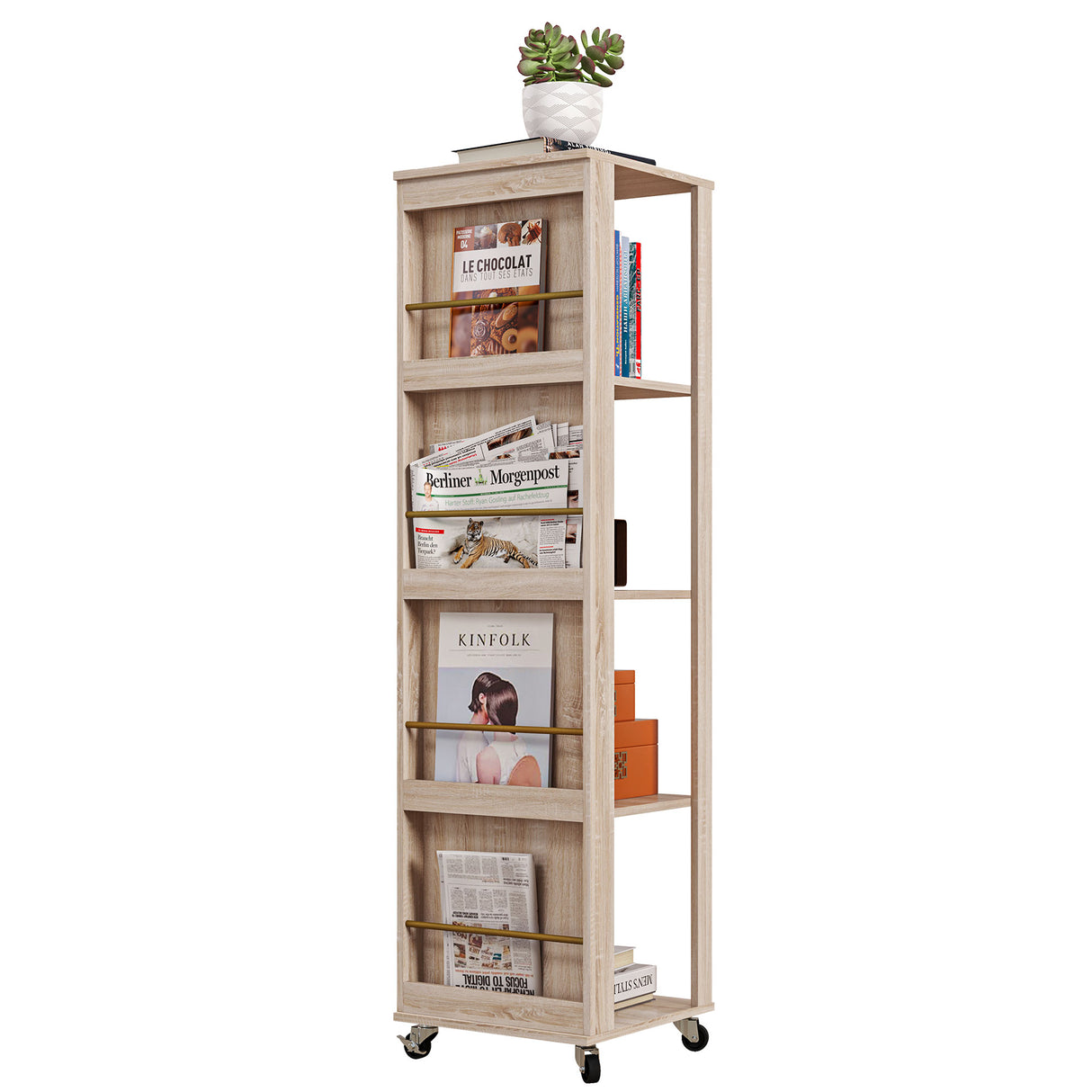 easycomfort easycomfort libreria portariviste moderna a 4 ripiani in legno con rotelle 40x40x150cm quercia