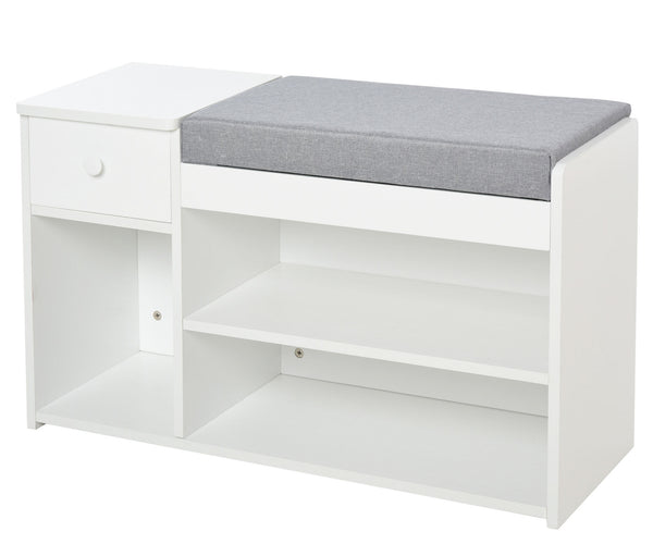 EASYCOMFORT Panca Scarpiera con Cuscino, Cassetto e 3 Vani Aperti in Legno,  81x31.5x49cm, Bianco