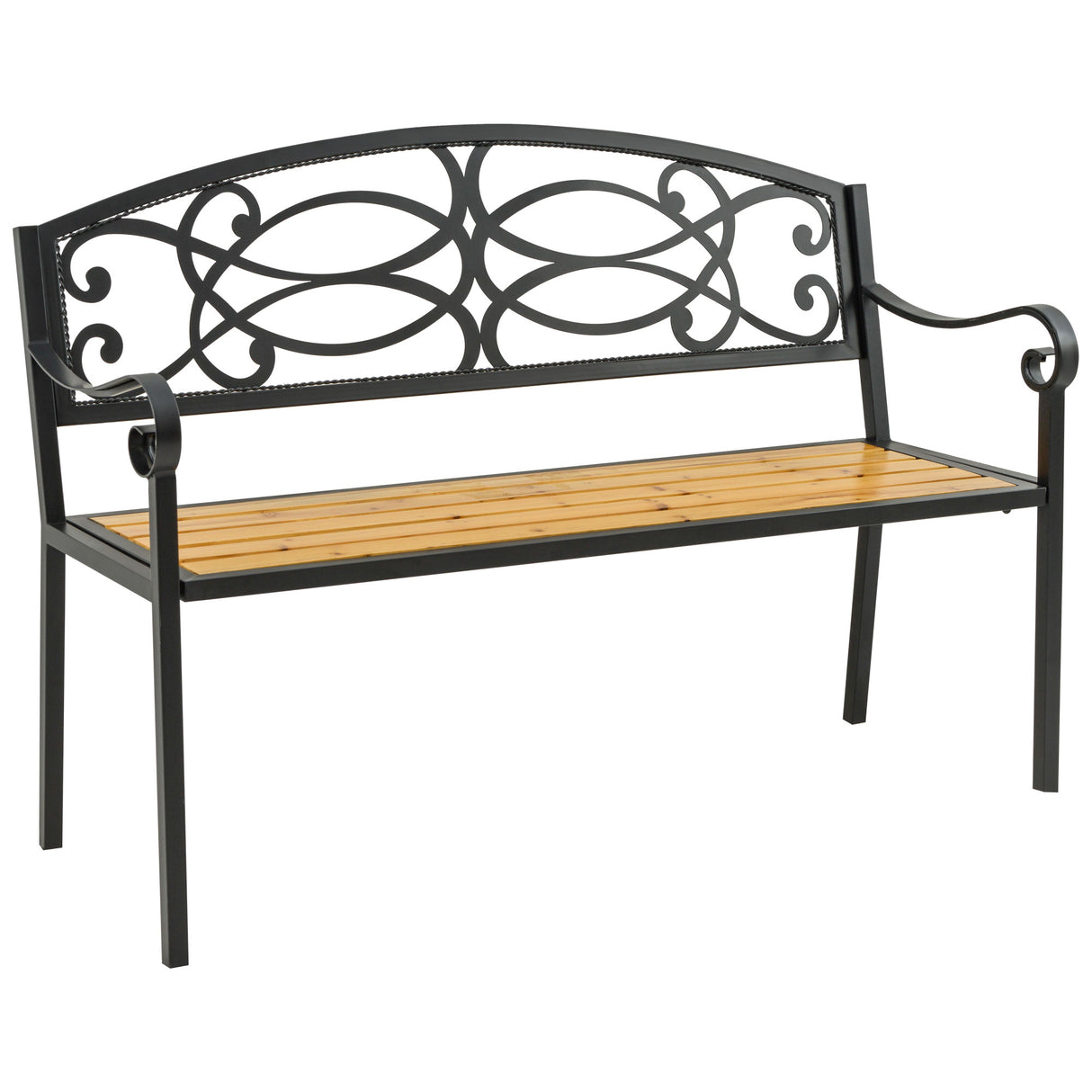 easycomfort easycomfort panchina da giardino a 2 posti in metallo e legno schienale decorato e braccioli 127x52x88cm nero