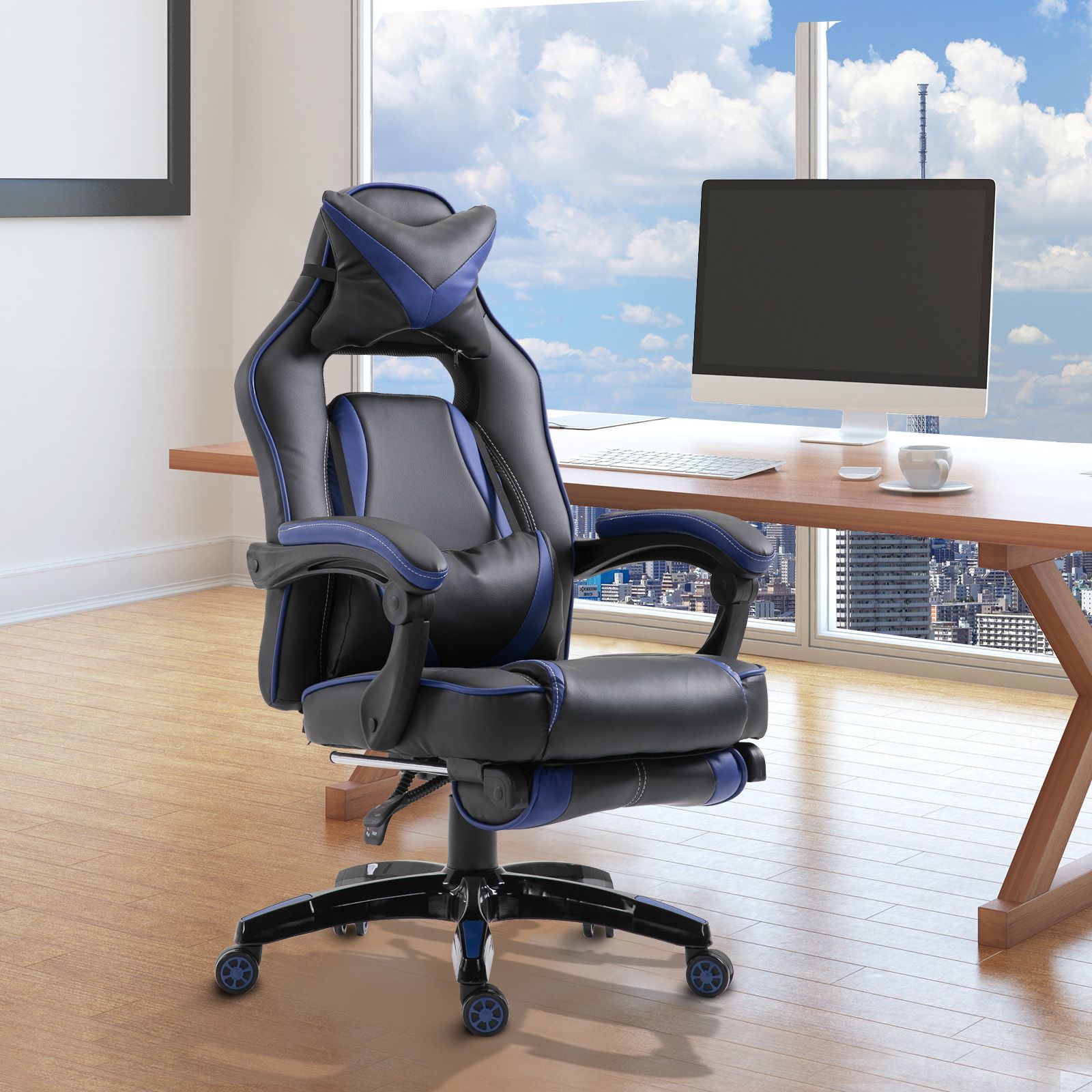 EASYCOMFORT Sedie da ufficio sedia da gaming sedia da scrivania ergonomiche  con Rotelle in Ecopelle, Blu e Nero