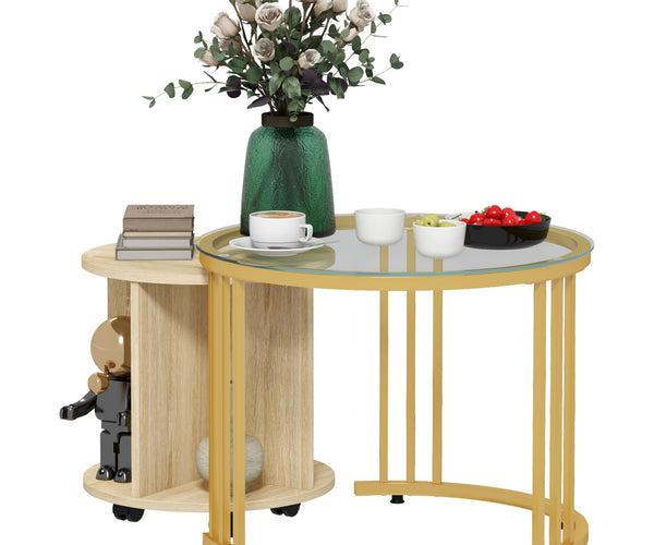 EASYCOMFORT Set di 2 Tavolini da Salotto Impilabili Art Deco in Metallo con  Piano in Vetro, Oro