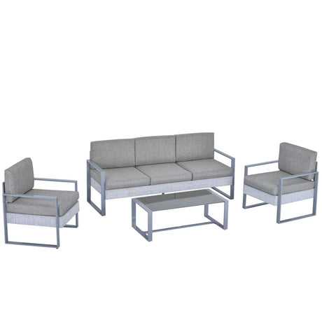 easycomfort easycomfort set 4 pezzi mobili da giardino con divano 3 posti 2 poltrone con cuscini e tavolino in alluminio e vetro grigio ean 8055776916620