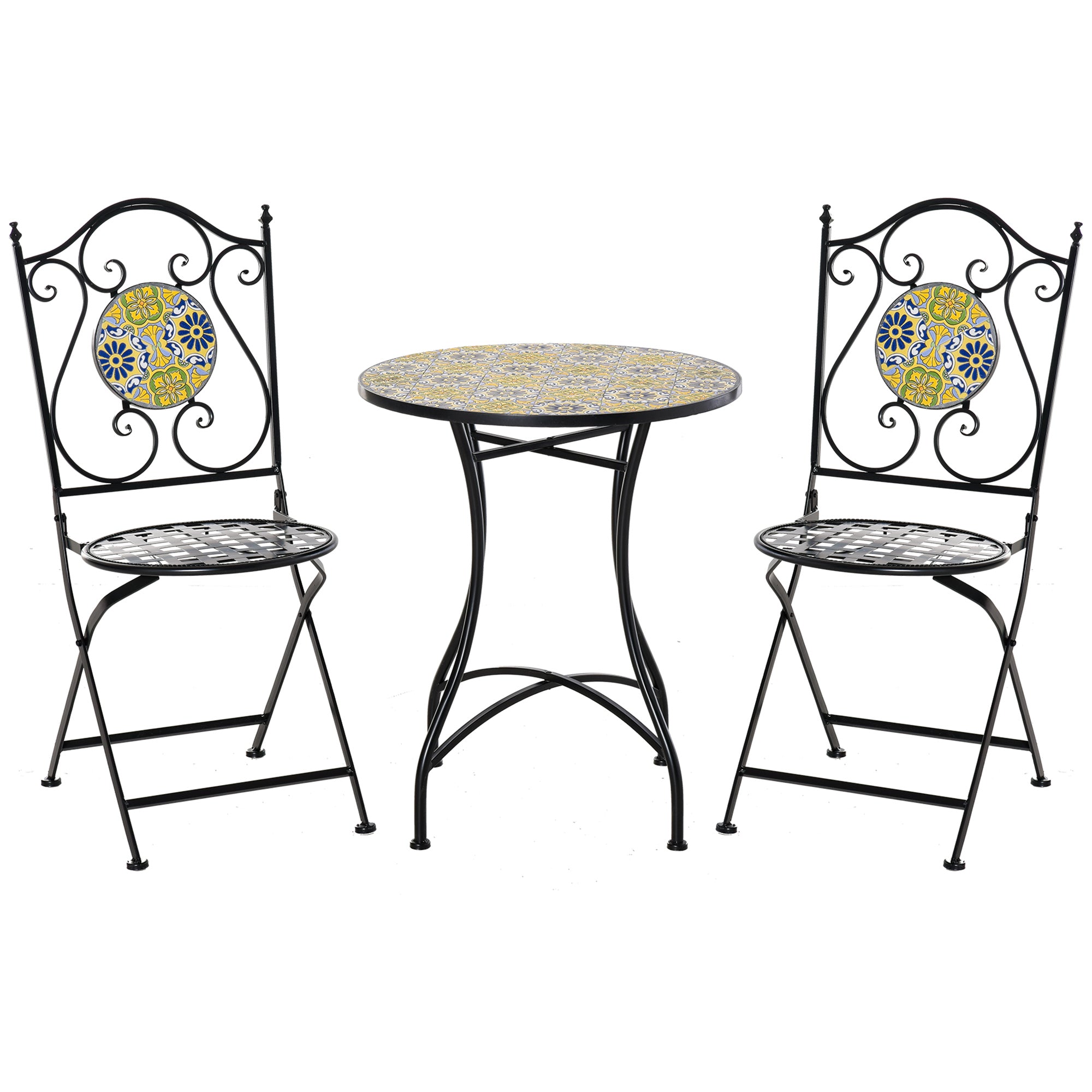 EASYCOMFORT Set Tavolo e Sedie da Balcone 3 Pezzi, Set da Giardino  Pieghevoli in Metallo con Maioliche Colorate, Multicolore