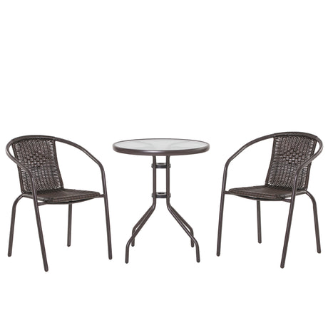 easycomfort easycomfort set tavolo in vetro e 2 sedie da giardino in acciaio e rattan pe marrone