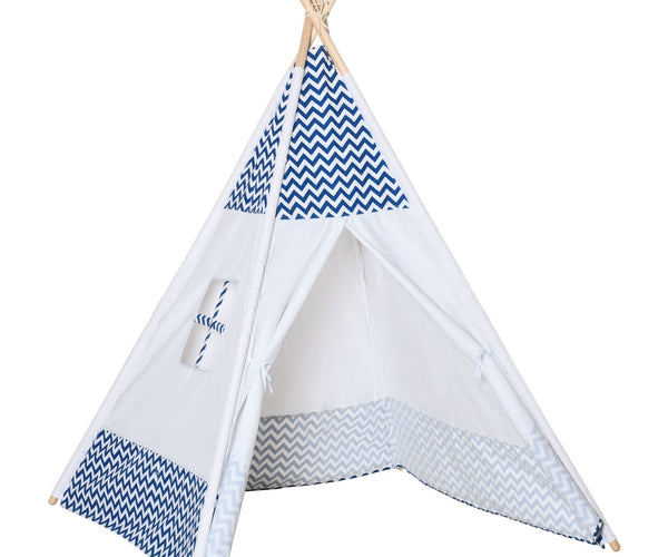 EASYCOMFORT Tenda Indiana per Bambini Teepee in Tessuto e Legno con  Finestra, Età 3-6 Anni, 120x120x155cm, Bianco e Blu