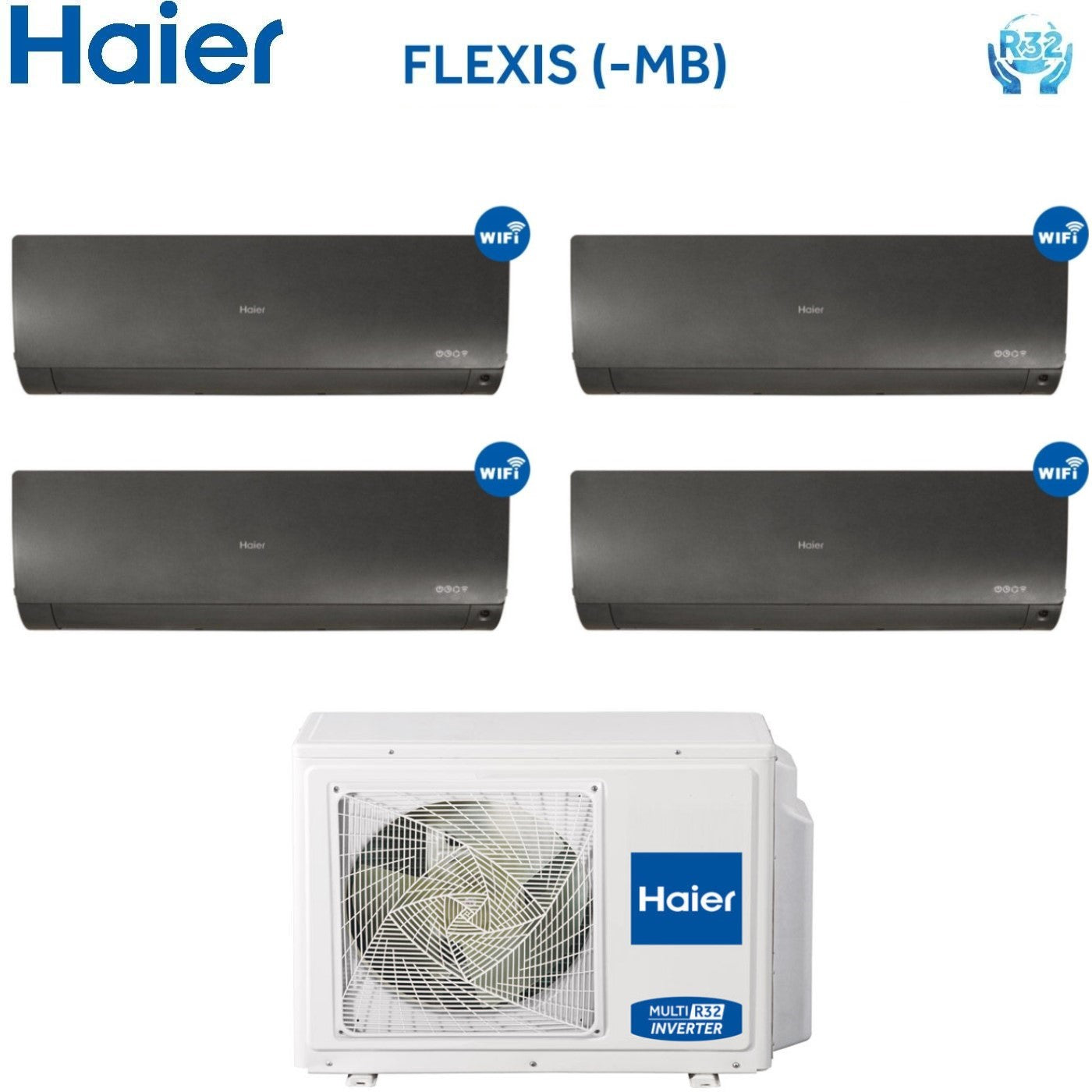 Air Conditioner Quad Split Inverter Haier Series Flexis Black (Black)  7000+7000+9000+9000 Btu With 4u75s2sr2fa Integrated Wifi R-32 Wi-Fi 7+7+9+9  - New