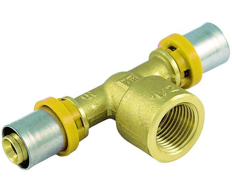 tiemme raccorderia raccordo a t tiemme aggancio femmina a pressare per gas per tubi multistrato pexc diametri 20 mm x 34 x 20 mm ean 8027830255129