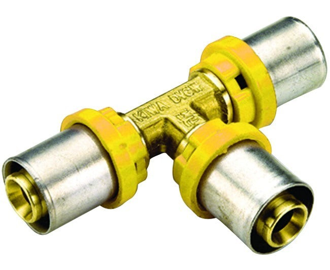 tiemme raccorderia raccordo a t tiemme per tubi multistrato pexc a pressare per gas tipologia intermedio ridotto diametri 32x26x32 mm ean 8027830254467