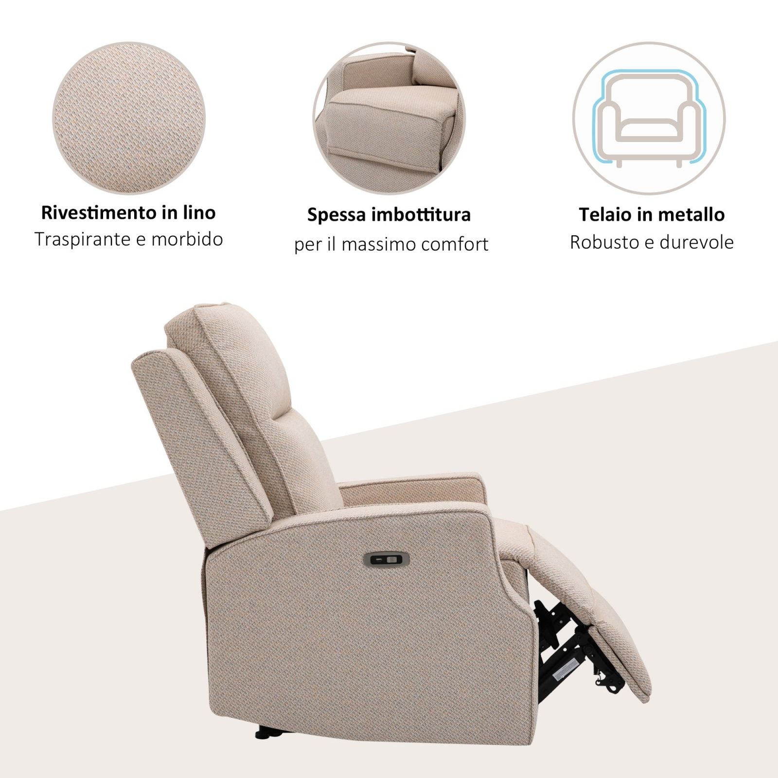 EASYCOMFORT Poltrona Relax Elettrica, Poltrona Reclinabile 150° Moderna con  USB per Soggiorno Camera da Letto, Beige, 84x92x104cm