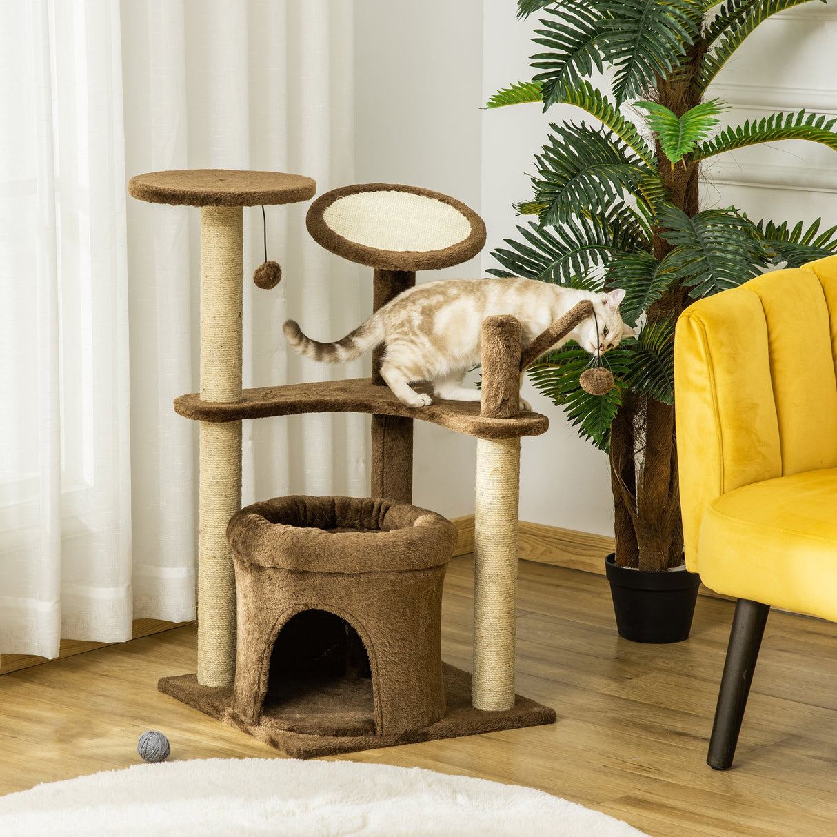 easycomfort easycomfort albero tiragraffi per gatti con pali in corda sisal casetta e cuscino rivestimento in peluche altezza 87cm caffe