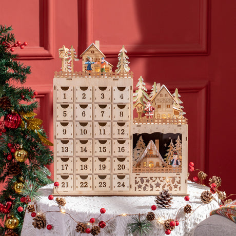 easycomfort easycomfort calendario avvento di natale rettangolare con motivi a tema e 12 luci a led 22x9x30 cm in compensato arancione